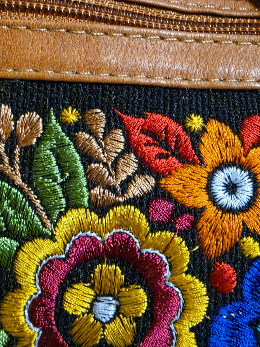 Brown Suede Crossbody Bag with Colorful Floral Embroidery